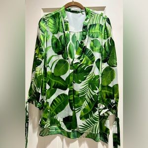Alice + Olivia green sheer Sheila Palm Leaf V Neck 3/4 Sleeve W/ Ties Top Size L
